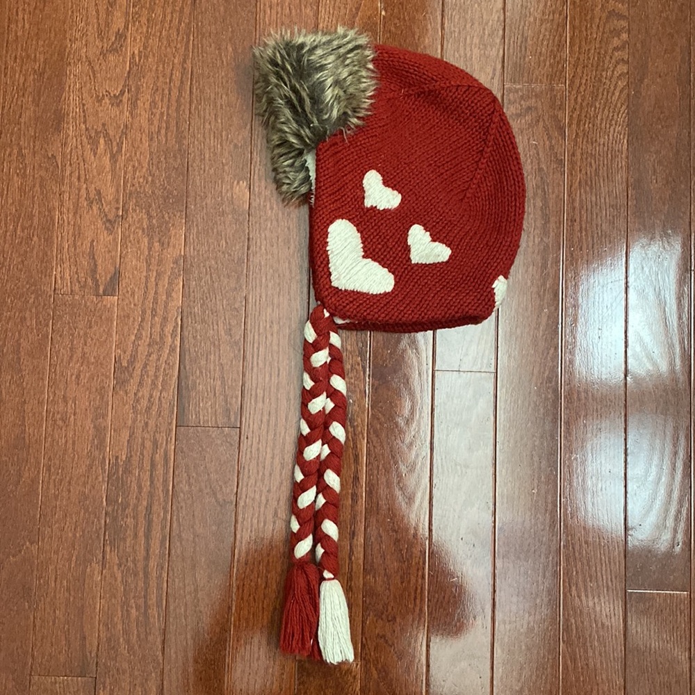 American Rag Cie Red Beanie Hat with Off White Hearts
